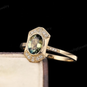 Art Deco Lab Green Sapphire Ring, Antique Engagement Ring in 14K Rose Gold, Vintage Oval Sapphire Ring, Promise Ring Daily Wear By Tinylight