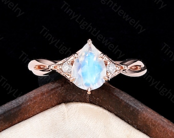Vintage Moonstone Engagement Ring, Pear Cut Rose Gold Ring, Twisted Moissanite Band, Unique Art Deco Ring, promise Ring, Anniversary Ring