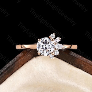 Vintage Round Moissanite engagement ring Rose gold cluster ring Pear cut Diamond ring Tapered baguette cut ring  Anniversary ring