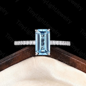 Art deco Emerald cut Swiss Blue Topaz engagement ring White gold pavé ring Round Moissanite Diamond ring Anniversary promise ring