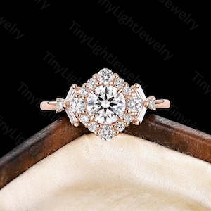 Vintage Round moissanite engagement ring rose gold halo ring antique tapered baguette cut CZ ring cluster ring anniversary promise ring