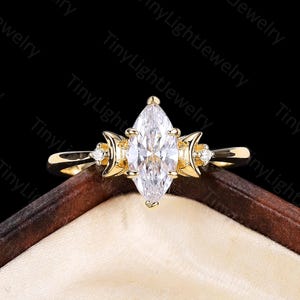 Elegant Marquise Moissanite Engagement Ring,Yellow Gold Moon Style three stones Ring,Vintage Statement Ring,Unique Promise Ring,Gift for her