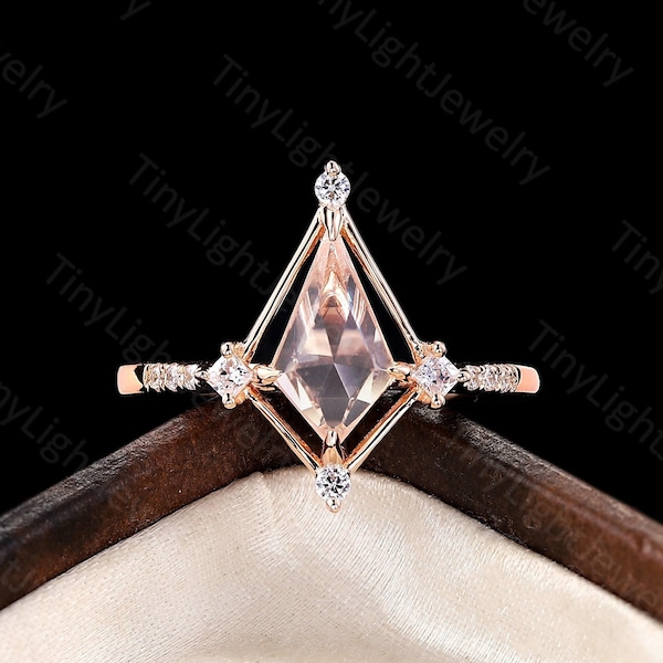 Vintage Kite orange rosa Morganit Verlobungsring - 14K Rose Gold Artistic Statement Ring - Runder Moissanit Ring Princess Cut Unikatring