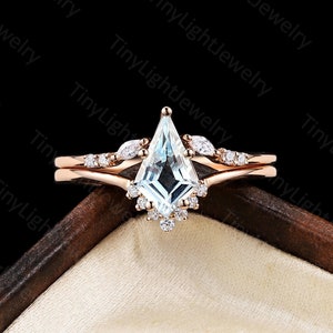 Kite Sky Blue Topaz Engagement Ring Set - Rose Gold Ring Marquise Moissanite Diamond Ring | Open Curved Band Wedding Rinf Set By Tinylight