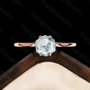 Hexagon cut Moss Agate engagement ring Rose gold ring Solitaire ring Prong set ring Anniversary promise ring Floral setting ring