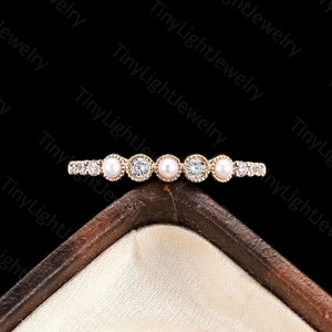 Vintage Pearl wedding band Rose gold milgrain ring Round Moissanite Diamond ring Bezel set ring Anniversary promise ring gift for her