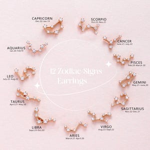 Delicate Zodiac Moissanite Stud Earrings, Rose Gold Constellation Flat Back Earrings, Personalized Celestial Jewelry, Birthday Gift for Her