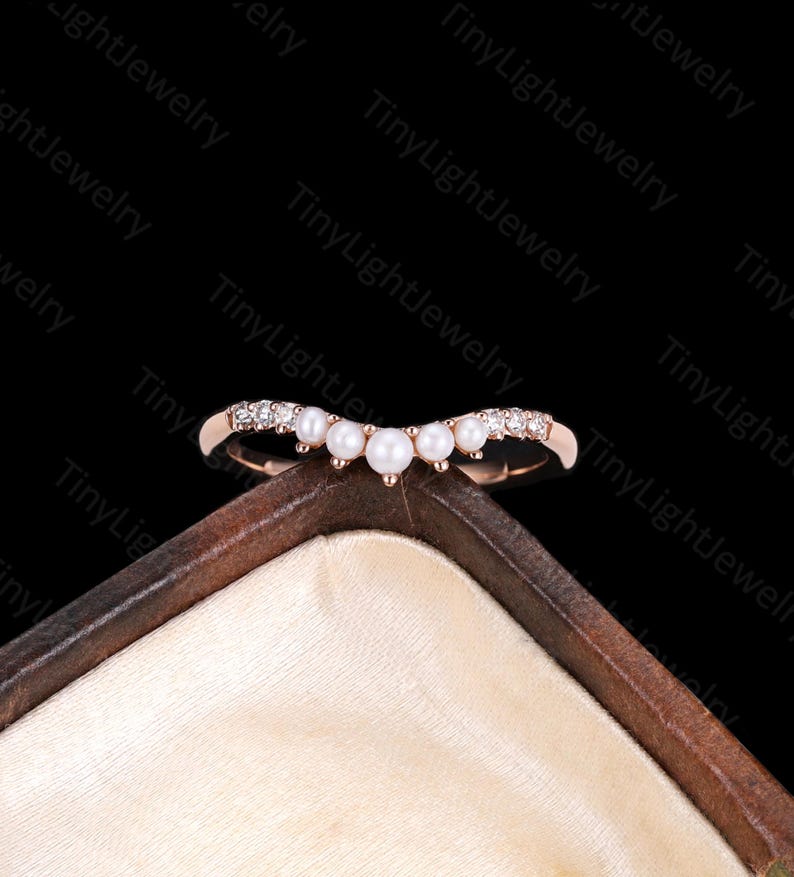 Elegant V-Shaped Pearl & Moissanite Wedding Ring, Rose Gold Curved Stacking Band, Round Pearls Stacking Ring, Dainty Bridal Gift for her image 8