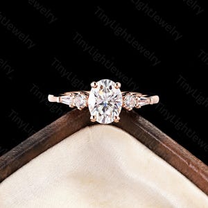 Vintage oval cut moissanite engagement ring rose gold ring Round diamond ring tapered baguette cut ring unique anniversary promise ring