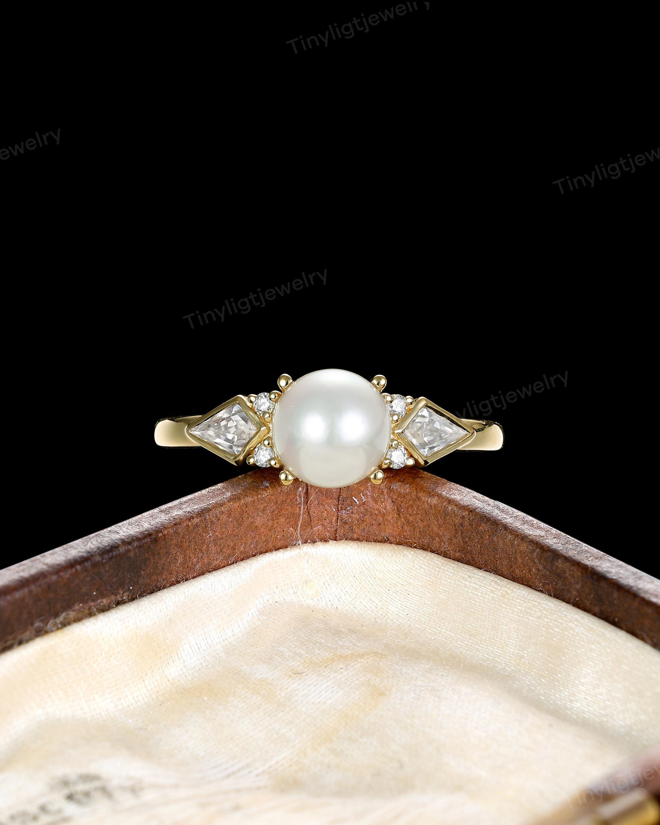 Art Deco Akoya Pearl Moissanite Ring