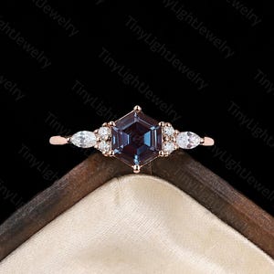 Hexagon cut Lab Alexandrite engagement ring Rose gold ring Marquise cut Moissanite ring Round ring Cluster ring Anniversary promise ring