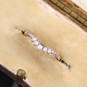 Elegant V-Shaped Pearl & Moissanite Wedding Ring, Rose Gold Curved Stacking Band, Round Pearls Stacking Ring, Dainty Bridal Gift for her image 12