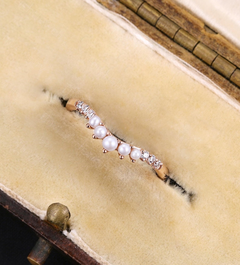 Elegant V-Shaped Pearl & Moissanite Wedding Ring, Rose Gold Curved Stacking Band, Round Pearls Stacking Ring, Dainty Bridal Gift for her image 12
