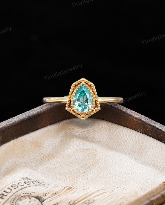 Pear Green Moissanite Solitaire Engagement Ring 14K Gold Hexagon