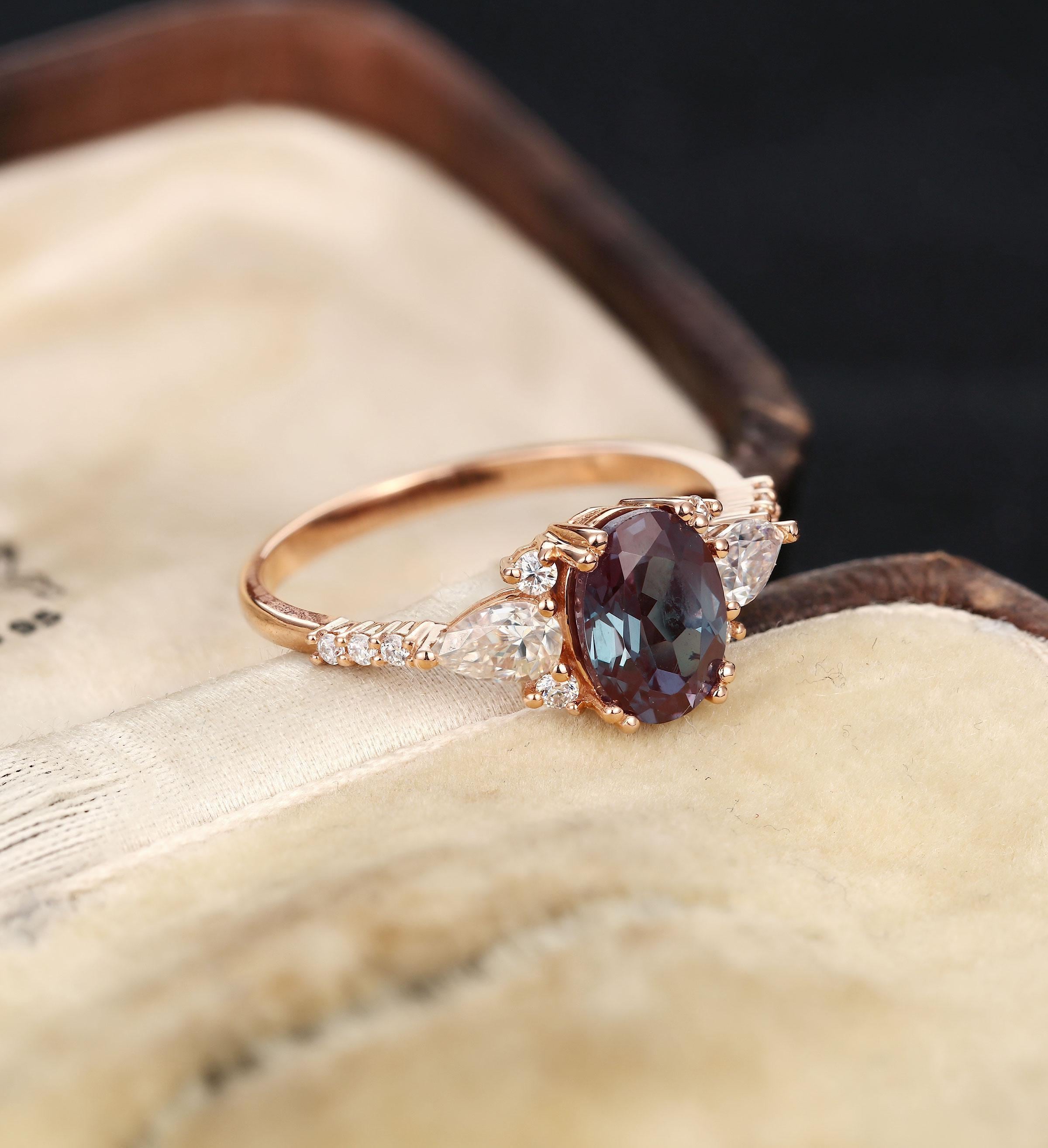 Vintage Alexandrite engagement ring art deco rose gold wedding ring |Oval cut ring| Prong set diamond ring |moissanite ring|Anniversary ring