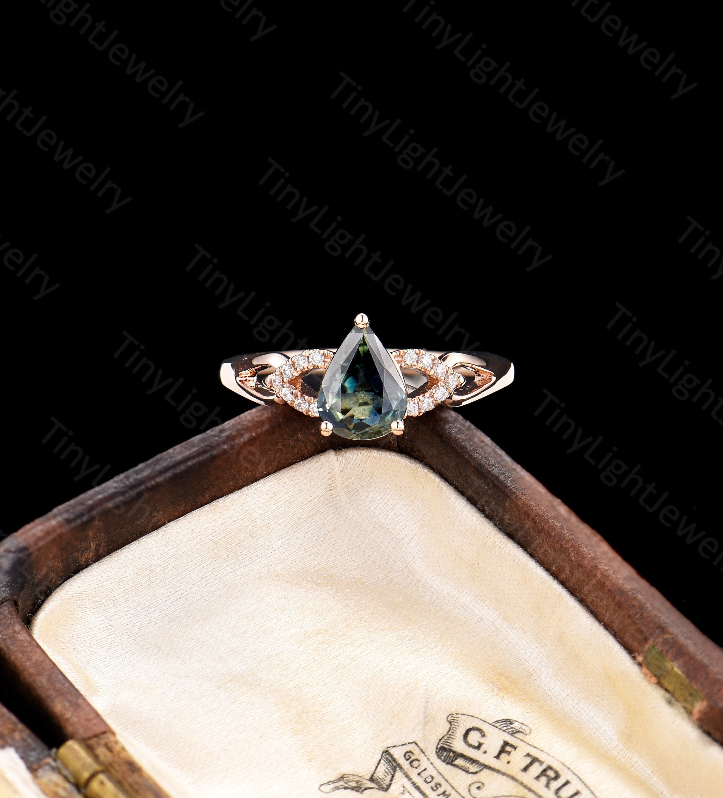 Teal sapphire engagement ring pear Blue green sapphire ring art deco rose gold wedding ring Moissanite ring Unique ring Anniversary ring