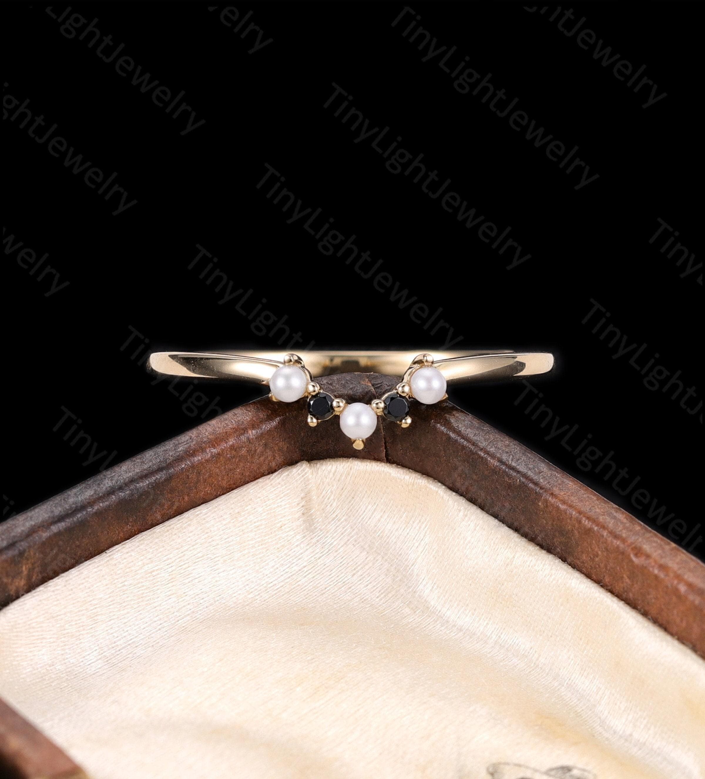 Black onyx curved wedding band pearl ring vintage ring stacking matching ring yellow gold ring unique prong band bridal ring anniversary