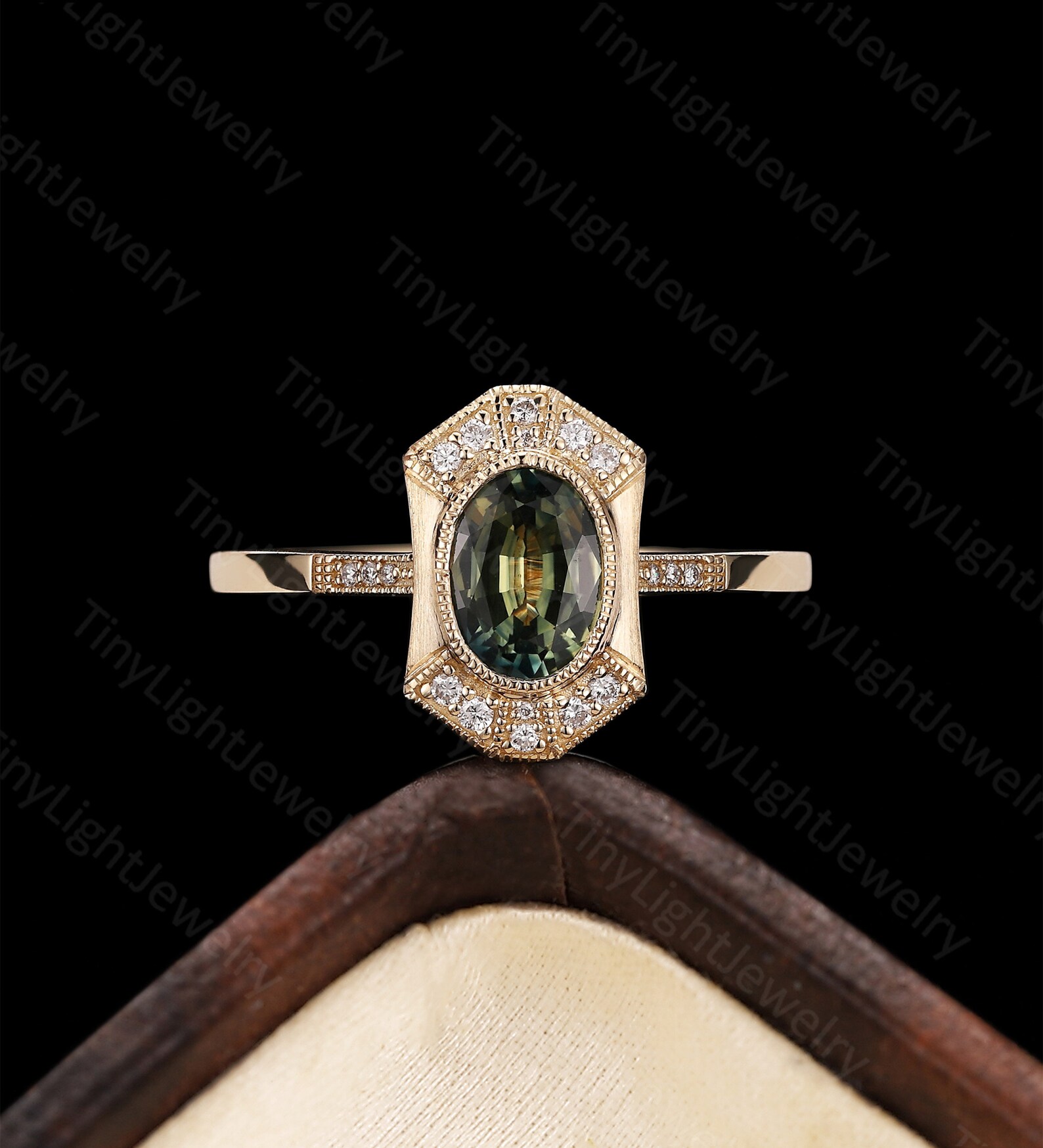 Vintage Green Sapphire Ring Oval Shape Green Sapphire Ring Etsy