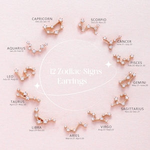 May include: A collection of twelve gold-colored earrings, each representing a different zodiac sign. The earrings are arranged in a circle, with the name and dates of each sign displayed. The text "12 Zodiac Signs Earrings" is also present.