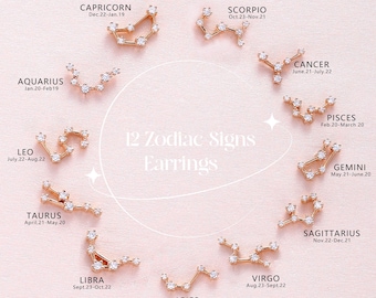 May include: Twelve gold-coloured earrings, each representing a zodiac sign. The earrings are arranged in a circle, with the name and dates of each sign displayed. The text "12 Zodiac Signs Earrings" is also present.