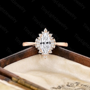 Vintage Marquise Shape Moissanite Engagement Ring Art Deco Halo Wedding Ring Rose Gold Tapered Baguette Cut CZ Ring Anniversary Promise Ring