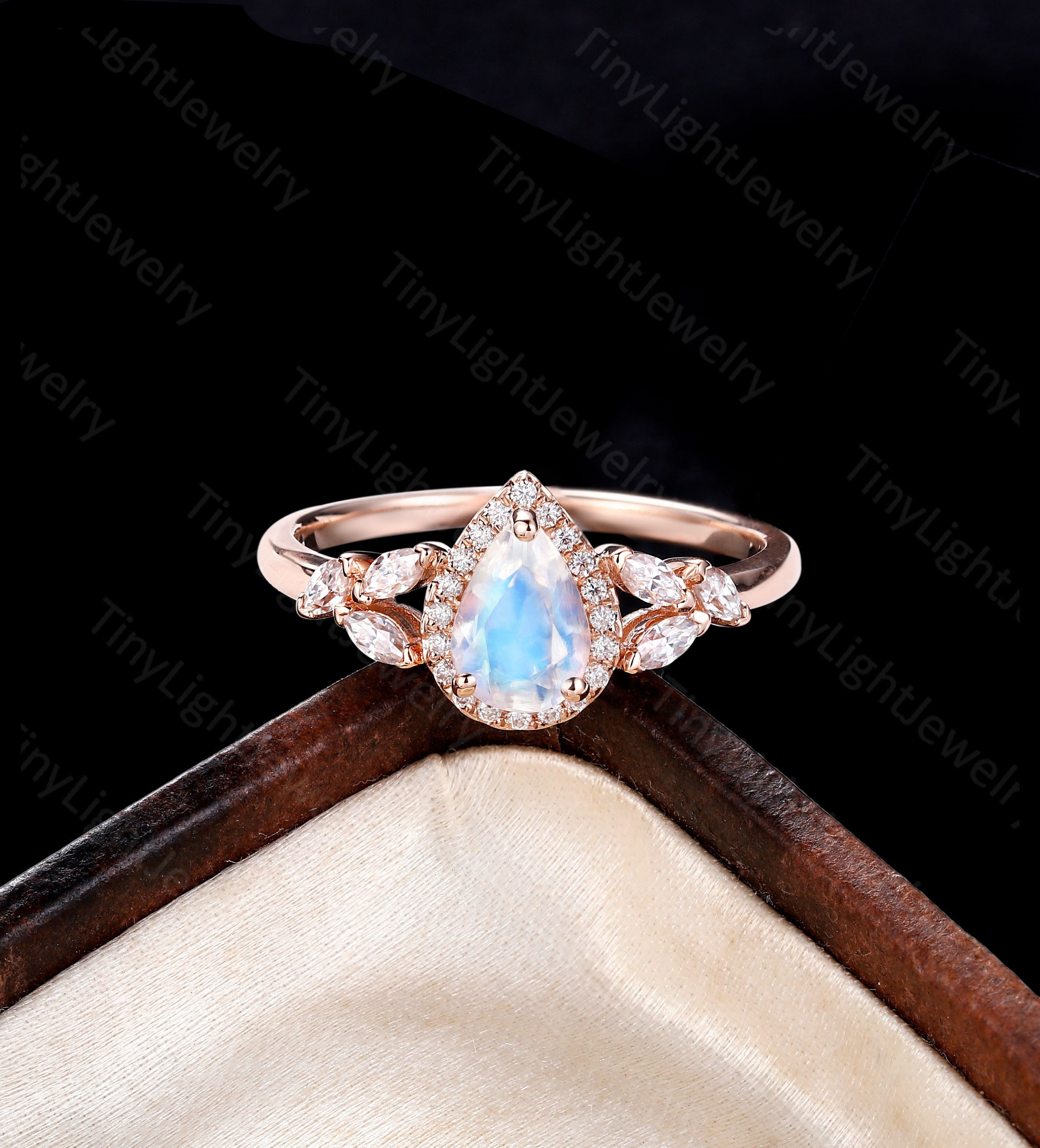 Pear Shaped Moonstone Engagement Ring Rose Gold Halo Ring | Etsy