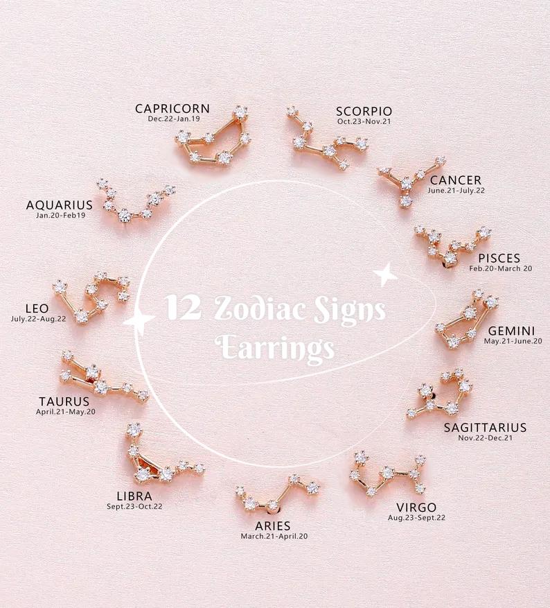 Minimalist Zodiac Moissanite Stud Earrings - 14K Rose Gold Earrings | Delicate Custom Constellation Earrings Personalized Birthday Gift