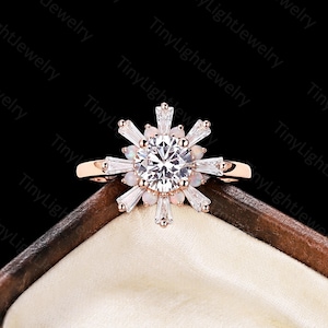 Vintage moissanite engagement ring tapered baguette moissanite ring antique rose gold opal ring prong set round anniversary promise ring