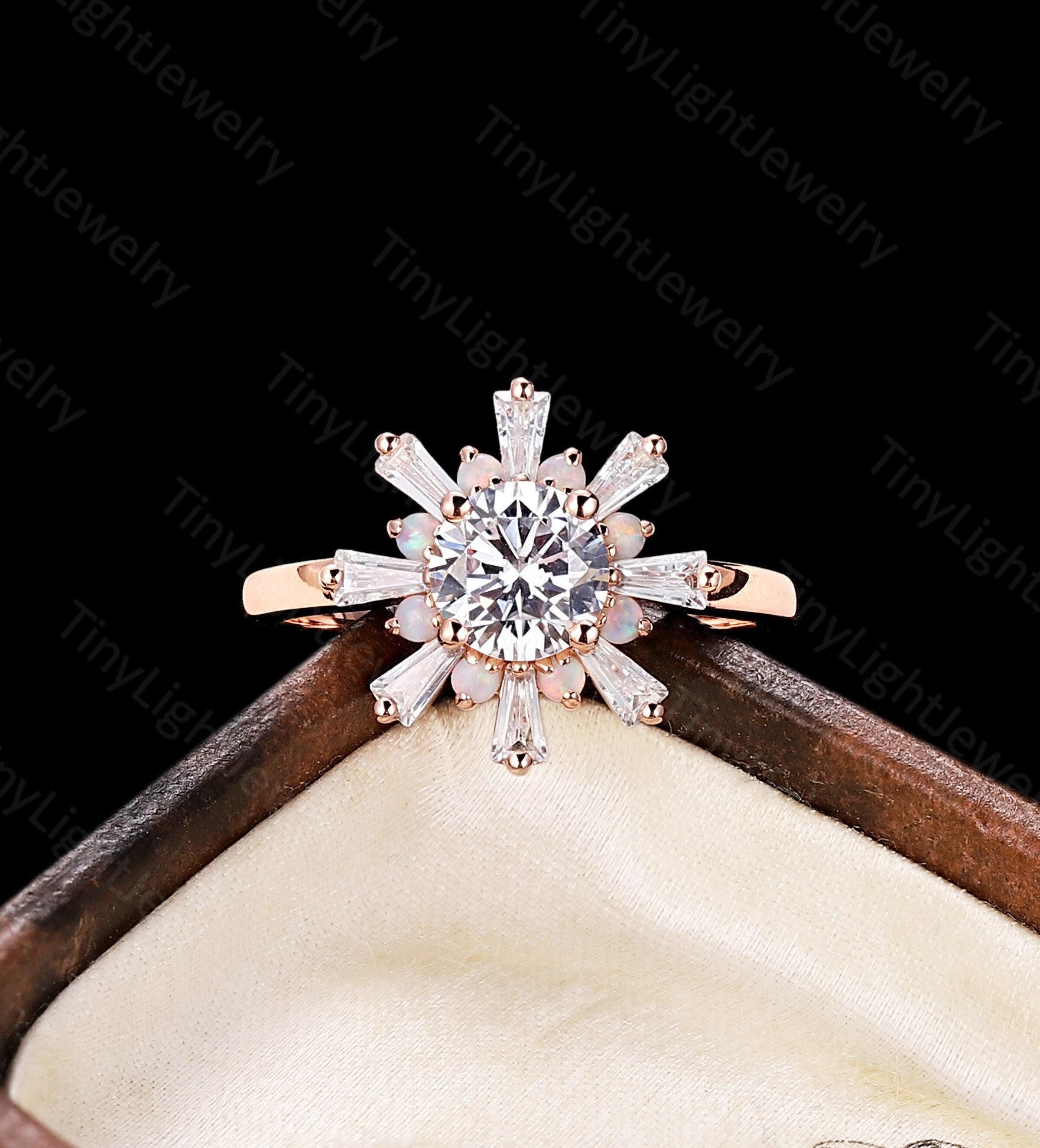 Vintage moissanite engagement ring tapered baguette moissanite ring antique rose gold opal ring prong set round anniversary promise ring