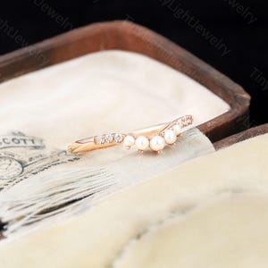 Elegant V-Shaped Pearl & Moissanite Wedding Ring, Rose Gold Curved Stacking Band, Round Pearls Stacking Ring, Dainty Bridal Gift for her image 7
