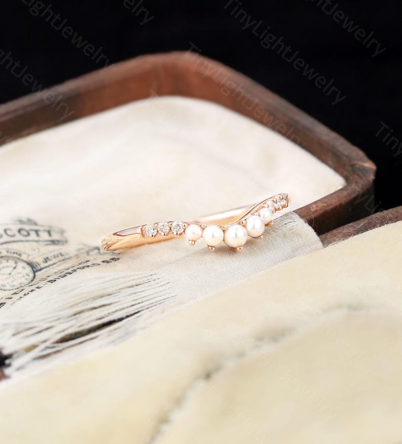 Elegant V-Shaped Pearl & Moissanite Wedding Ring, Rose Gold Curved Stacking Band, Round Pearls Stacking Ring, Dainty Bridal Gift for her image 7