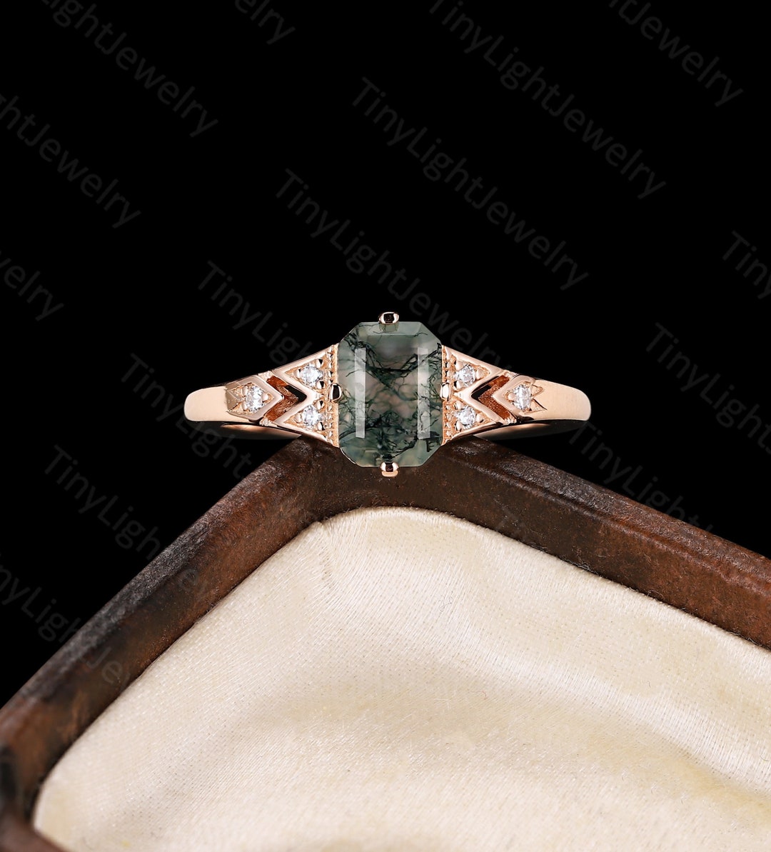 Art Deco Emerald Cut Moss Agate Engagement Ring, 14K Rose Gold - Main Image
