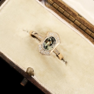 Vintage Oval Green Sapphire Engagement Ring, Art Deco Moissanite Halo Wedding Ring, Antique Yellow Gold Band, Anniversary Gift for women 18K Yellow+Diamond