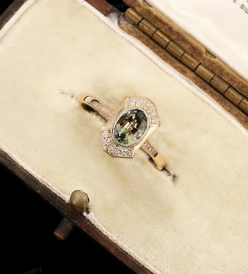 Vintage Oval Green Sapphire Engagement Ring, Art Deco Moissanite Halo Wedding Ring, Antique Yellow Gold Band, Anniversary Gift for women 18K Yellow+Diamond