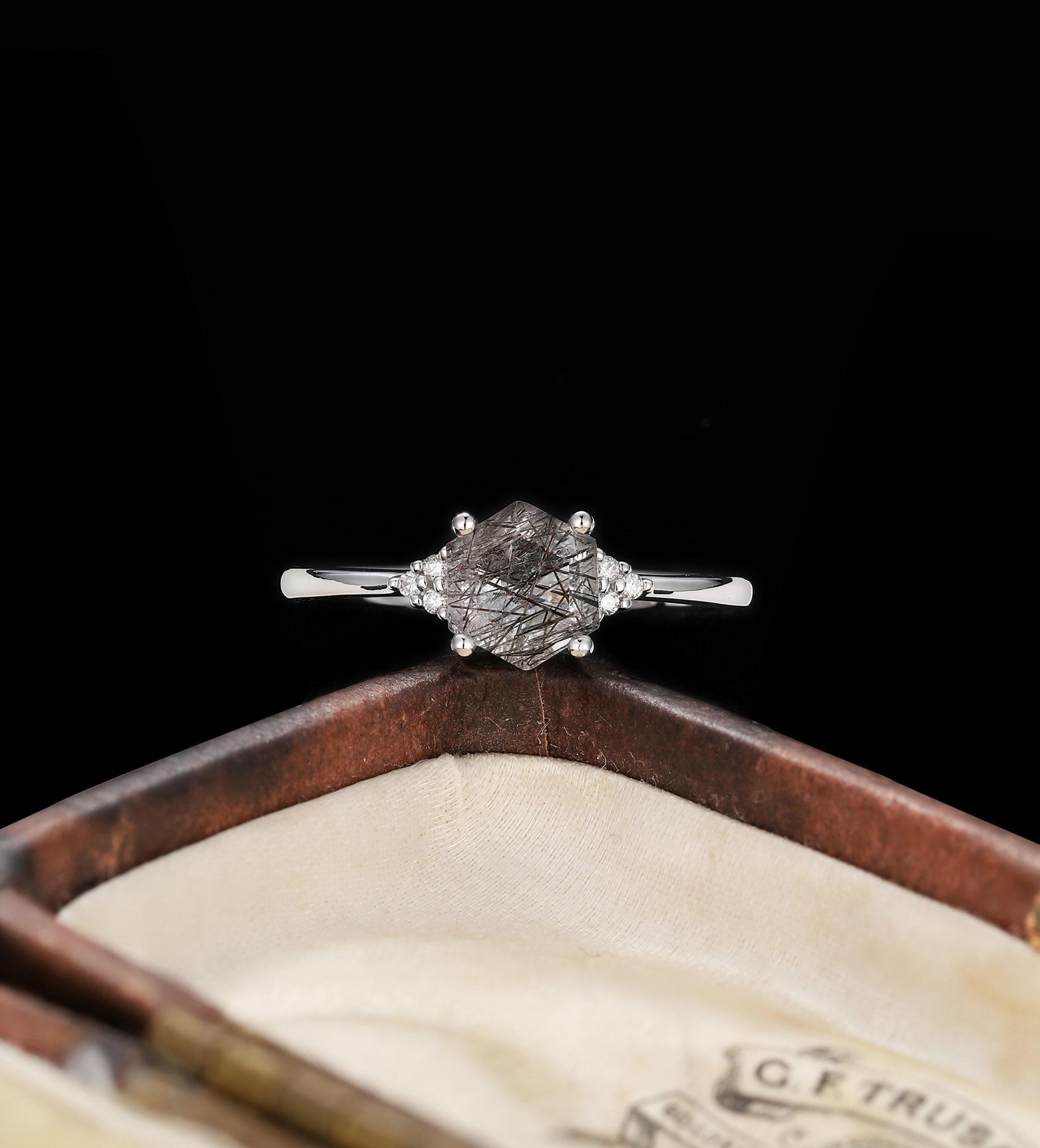 Art Deco Hexagon Black Rutilated Quartz Engagement Ring, Vintage 14K White Gold Ring, Unique Moissanite Wedding Ring, Promise Ring for Women