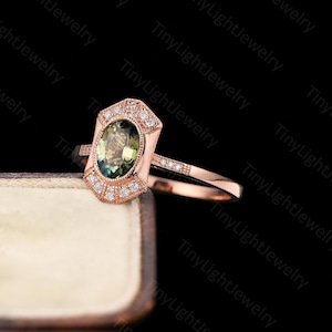 Vintage Oval Green Sapphire Engagement Ring, Art Deco Moissanite Halo Wedding Ring, Antique Yellow Gold Band, Anniversary Gift for women image 8