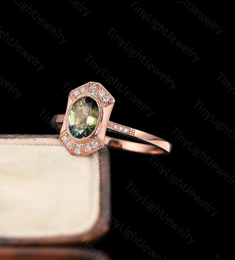 Vintage Oval Green Sapphire Engagement Ring, Art Deco Moissanite Halo Wedding Ring, Antique Yellow Gold Band, Anniversary Gift for women image 8