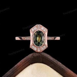 Vintage Oval Green Sapphire Engagement Ring, Art Deco Moissanite Halo Wedding Ring, Antique Yellow Gold Band, Anniversary Gift for women image 7