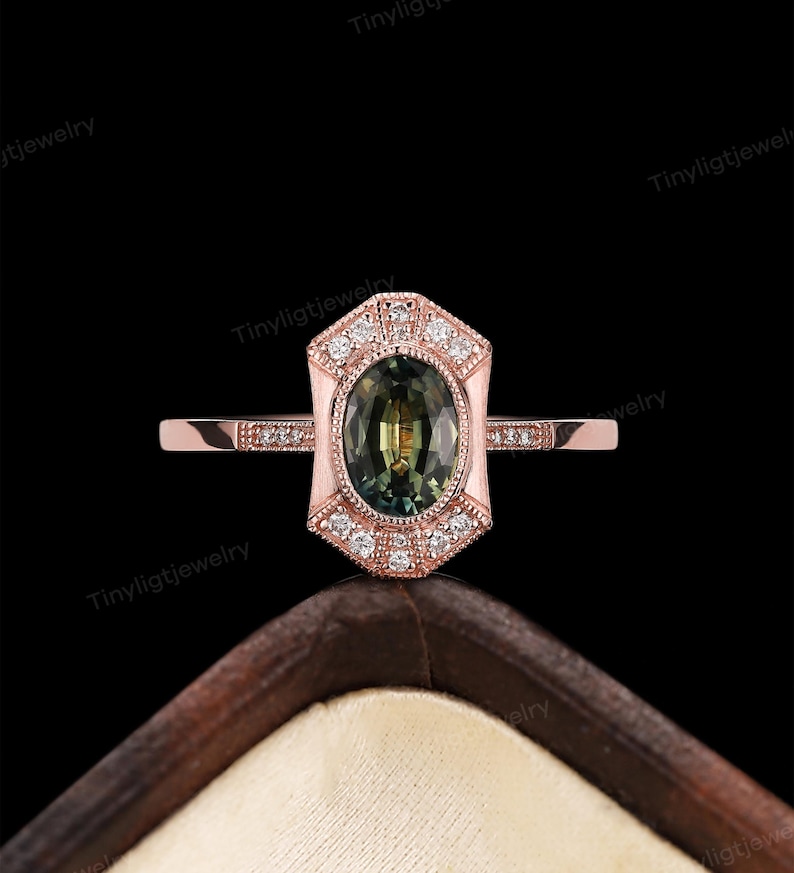 Vintage Oval Green Sapphire Engagement Ring, Art Deco Moissanite Halo Wedding Ring, Antique Yellow Gold Band, Anniversary Gift for women image 7