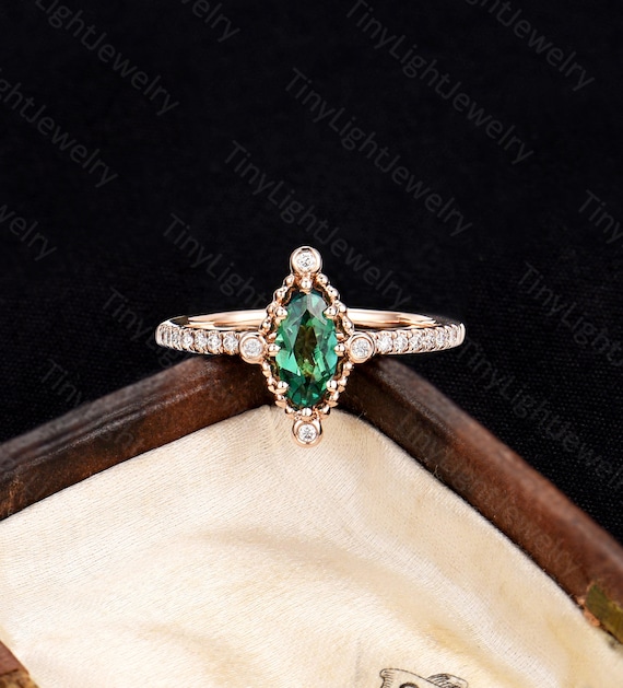 Emerald Engagement Ring Marquise Cut Lab Emerald Ring Rose - Etsy