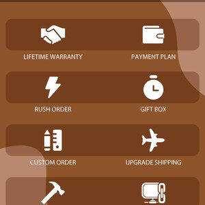 a variety of service options available for customers, including Lifetime Warranty, Payment Plan, Rush Order, Gift Box, Custom Order, Upgrade Shipping, and Free Shipping (US).