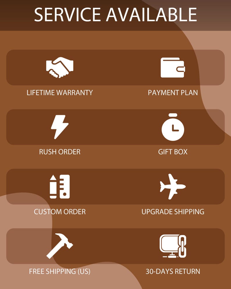 a variety of service options available for customers, including Lifetime Warranty, Payment Plan, Rush Order, Gift Box, Custom Order, Upgrade Shipping, and Free Shipping (US).