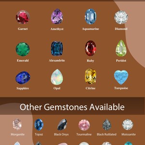 May include: A chart titled 12 Birthstone displaying twelve faceted gemstones including garnet, amethyst, aquamarine, diamond, emerald, alexandrite, ruby, peridot, sapphire, opal, citrine, and turquoise, followed by Other Gemstones Available.