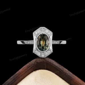 Vintage Oval Green Sapphire Engagement Ring, Art Deco Moissanite Halo Wedding Ring, Antique Yellow Gold Band, Anniversary Gift for women image 9
