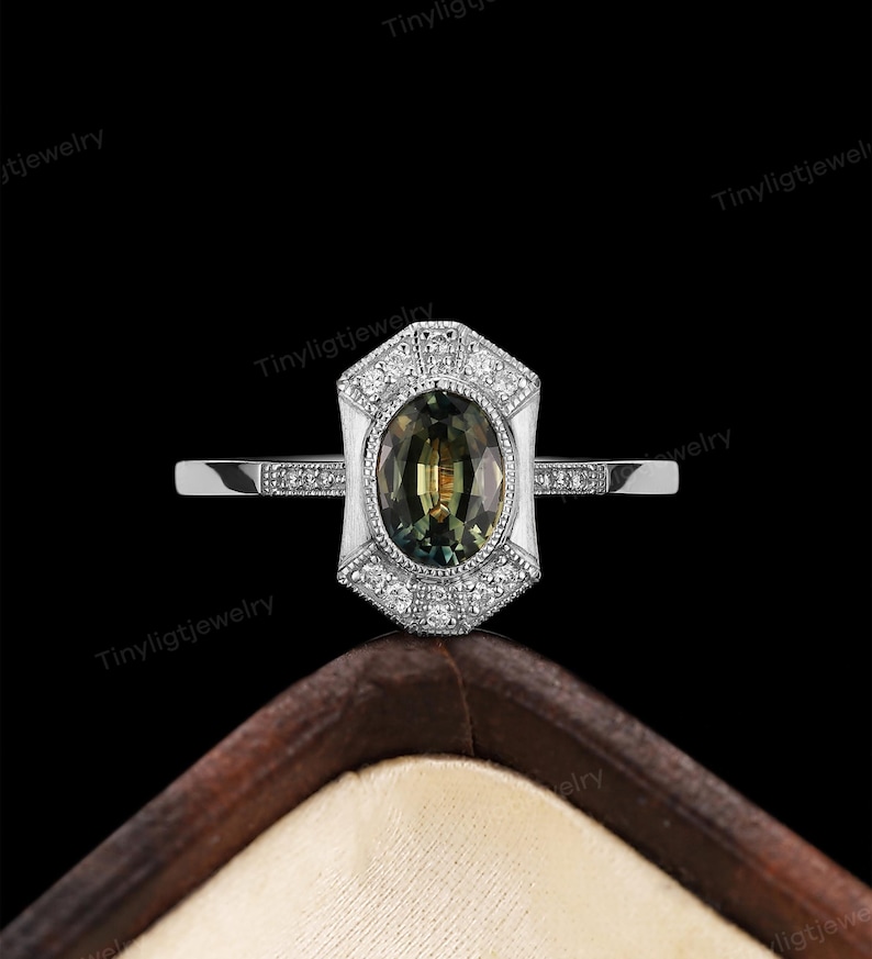 Vintage Oval Green Sapphire Engagement Ring, Art Deco Moissanite Halo Wedding Ring, Antique Yellow Gold Band, Anniversary Gift for women image 9