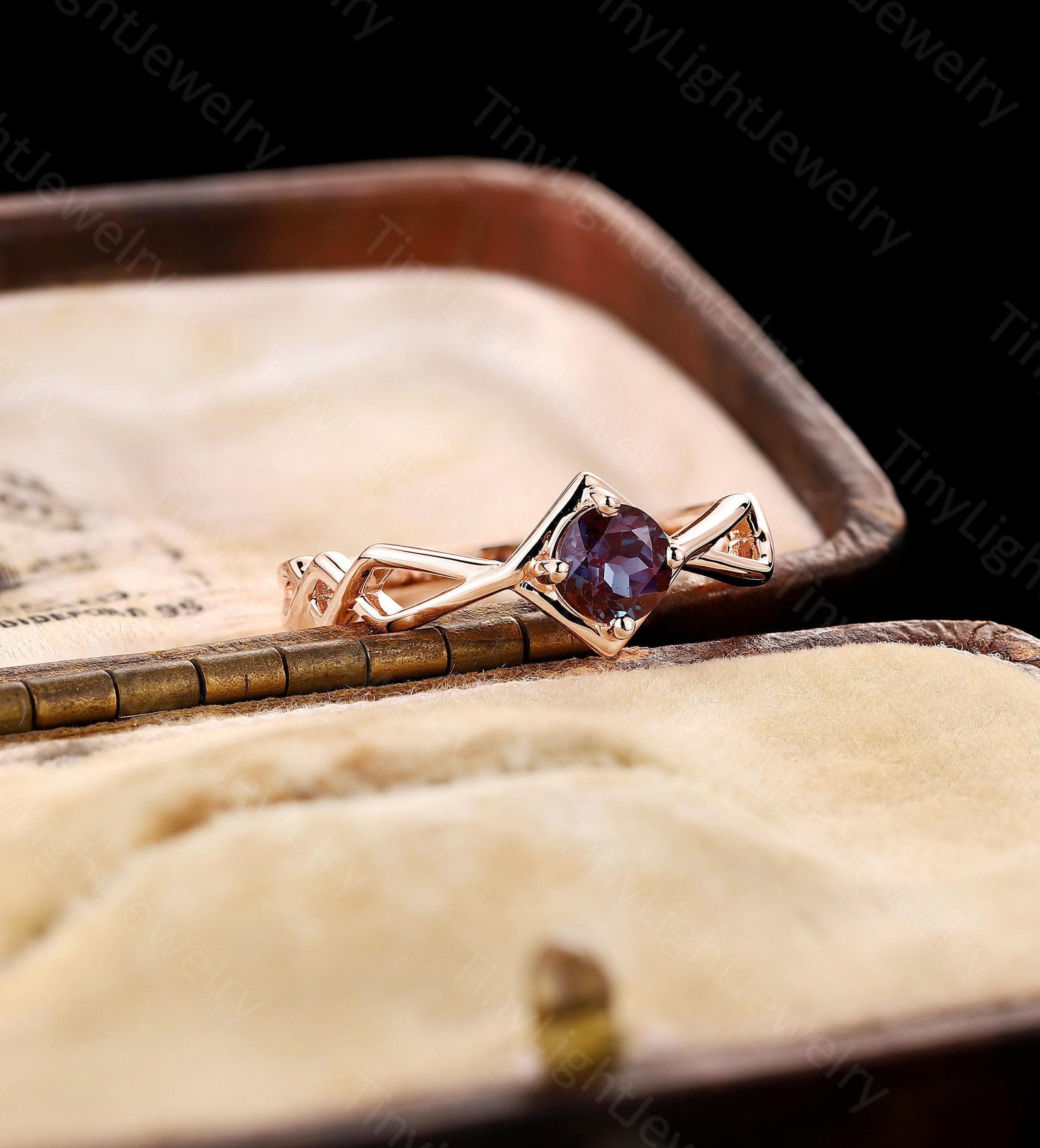 Vintage lab alexandrite engagement ring women rose gold solitaire ring unique handmade twisted ring round anniversary promise bridal ring
