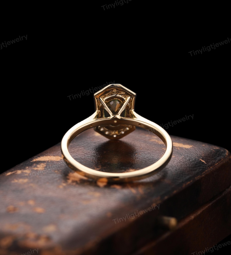 Vintage Oval Green Sapphire Engagement Ring, Art Deco Moissanite Halo Wedding Ring, Antique Yellow Gold Band, Anniversary Gift for women 18KYellow+Moissanite