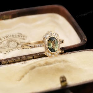 Vintage Oval Green Sapphire Engagement Ring, Art Deco Moissanite Halo Wedding Ring, Antique Yellow Gold Band, Anniversary Gift for women image 3