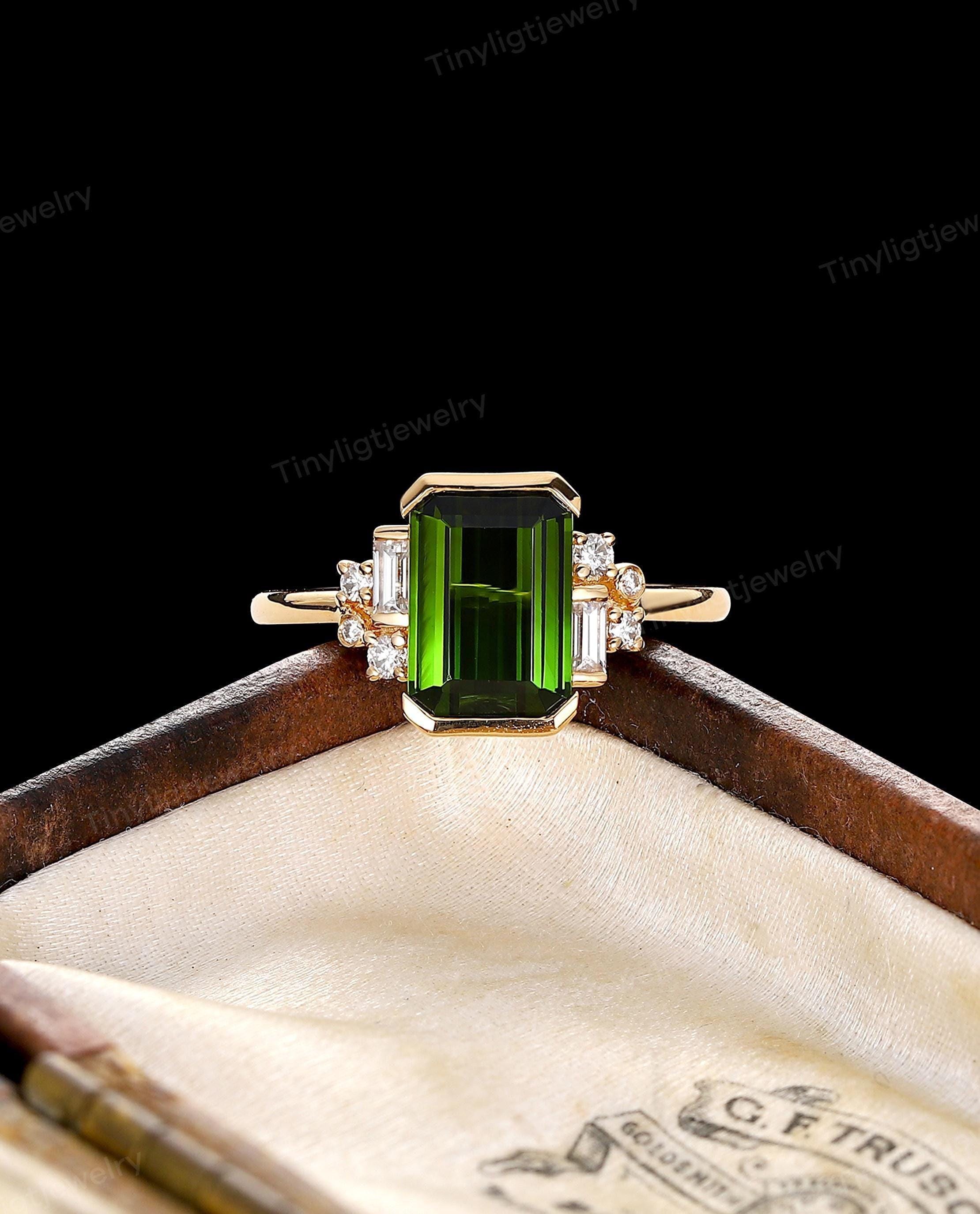 Art Deco Emerald Cut Tourmaline Cluster Engagement Ring, Yellow Gold Wedding Ring, Asymmetric Moissanite Statement Ring, Unique Promise Ring