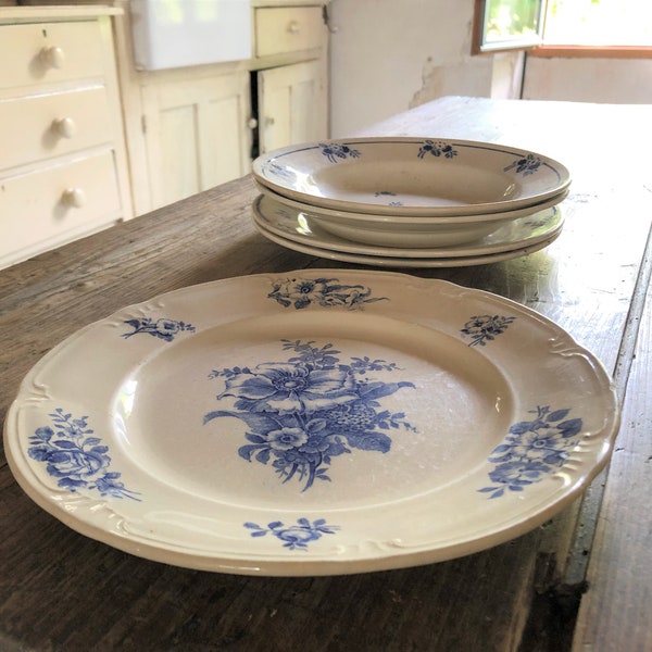 Vintage Belgian Ironstone Plate with the prettiest blue flowers - plate has raised scroll around the rim, design Rhodia by Boch Freres